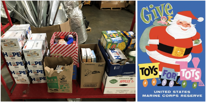 Food packaged for charity and a Toys for Tots infographic