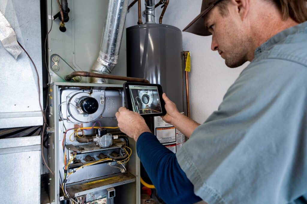 technician taking photo of furnace